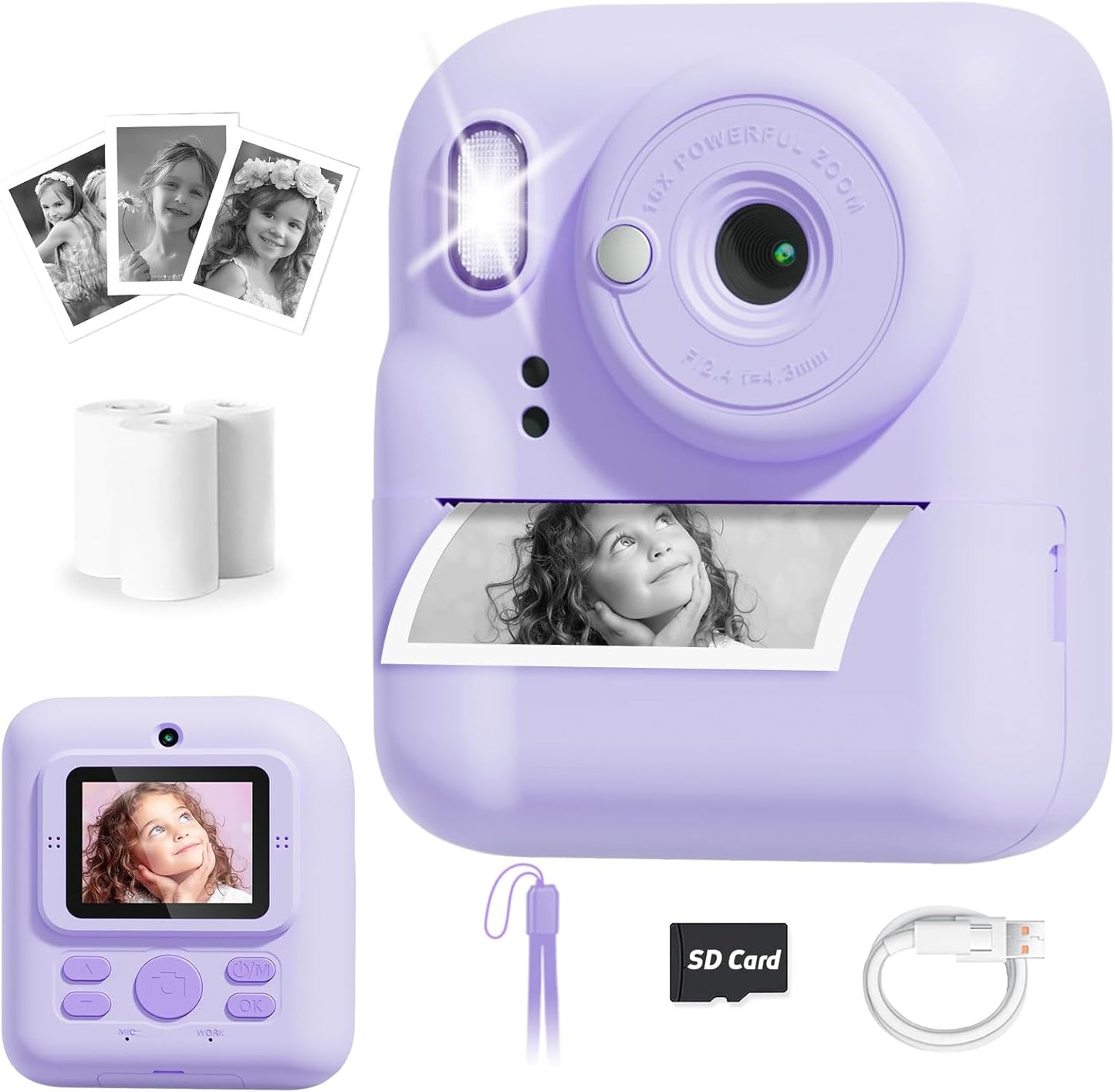 Pussan Kids Camera Instant Print, 1080P Instant Print Camera Toys for 3-12 Year Old Girls, Christmas Birthday Gifts for Age 3 4 5 6 7 Girls, Kids Digital Camera Toys with 3 Rolls Print Paper-Pink - PuriLite
