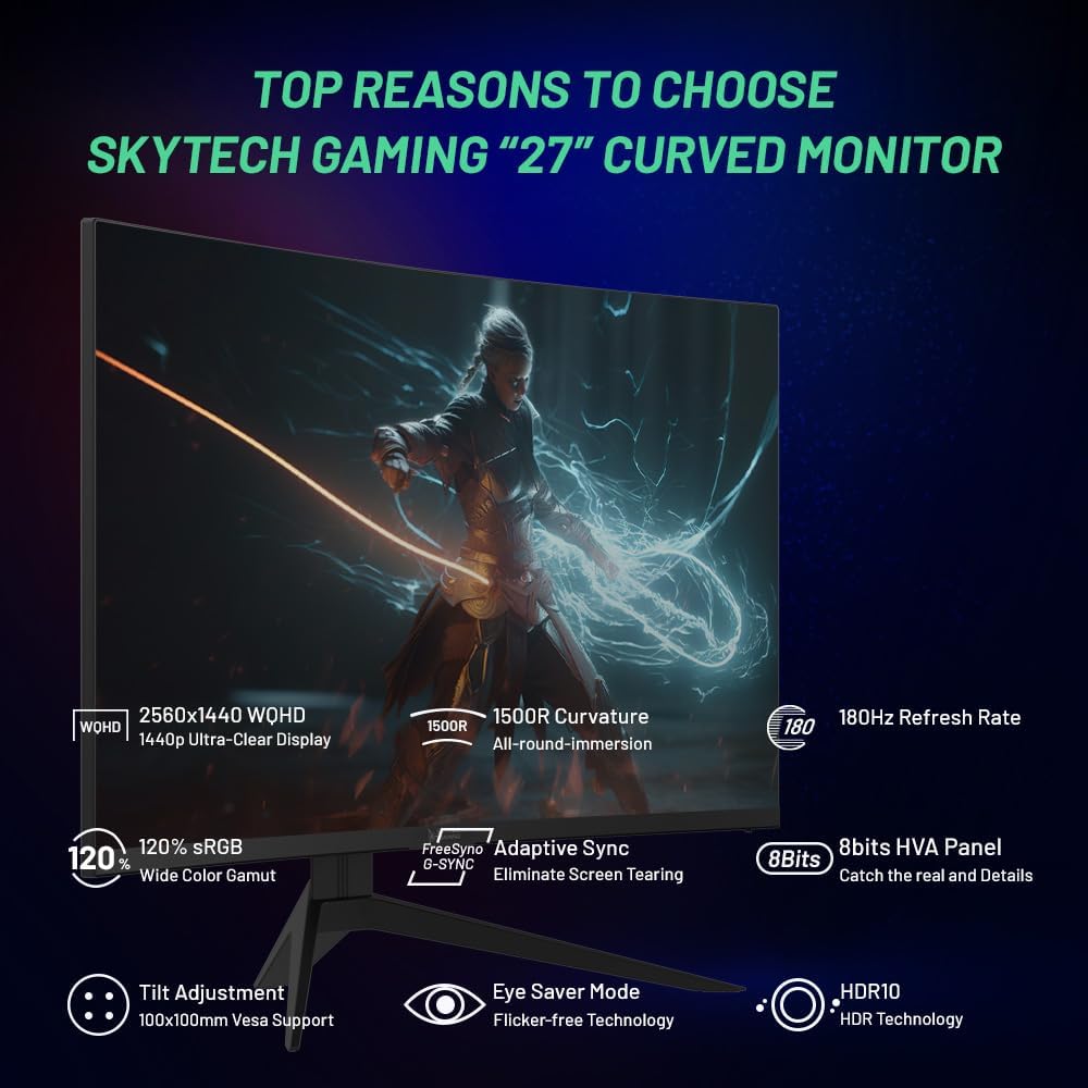 Skytech Gaming 27-inch Curved Gaming Monitor up to 180Hz, QHD 2K(2560 x 1440), 3.7ms Response Time, 1500R VA Panel, FreeSync & G-Sync Support, Swivel Tilt Height Pivot Adjustable, HDMI & DisplayPort - PuriLite