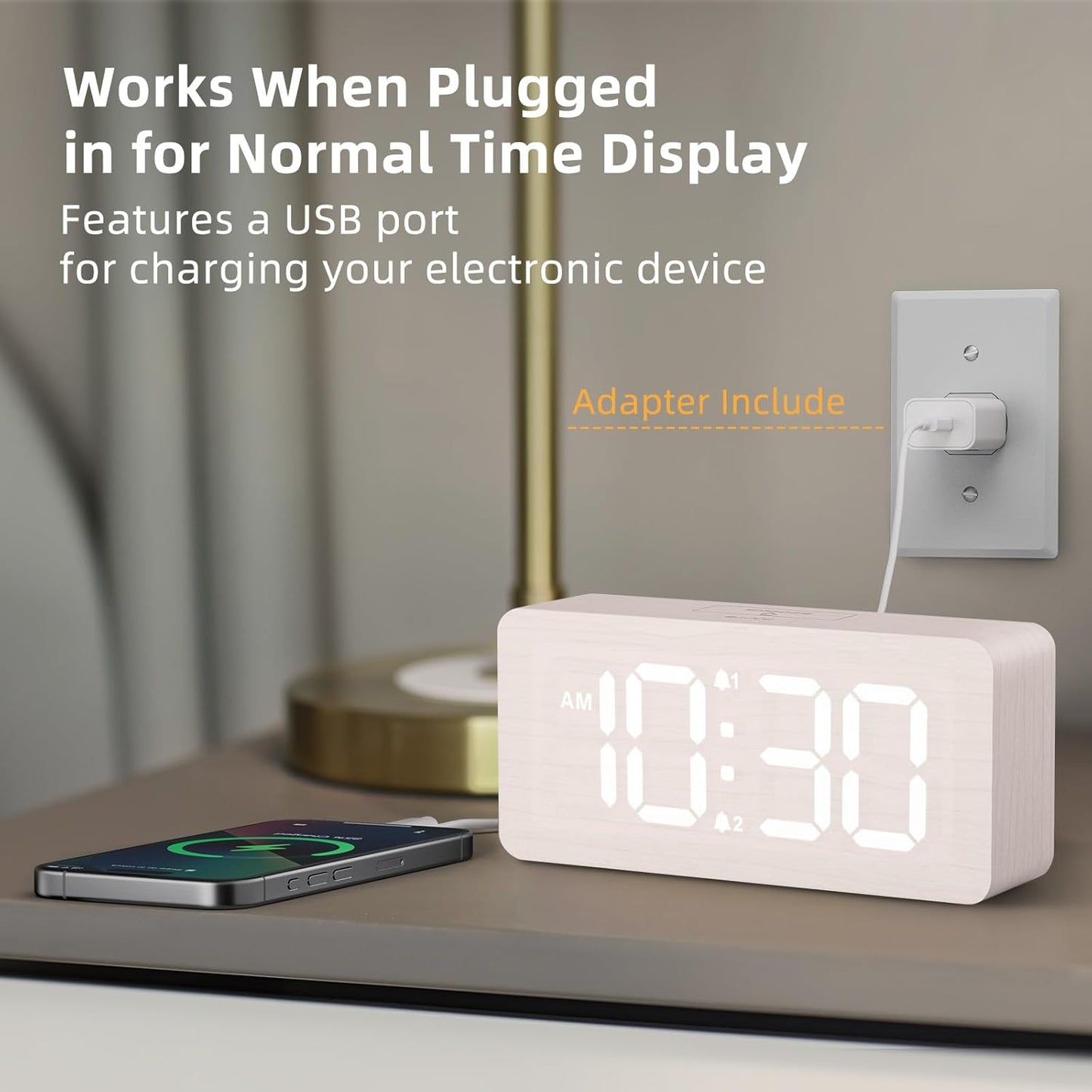 Purilite Select Wooden Digital Alarm Clock with Large LED Display - PuriLite