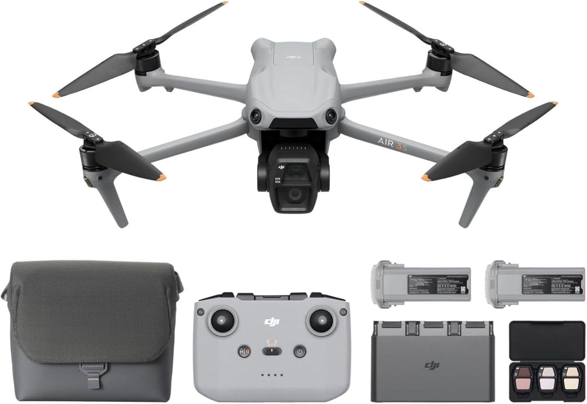 DJI Air 3S Fly More Combo (RC 2 Screen Remote Controller), Drone with 1" CMOS Wide-Angle & Medium Tele Camera for Adults, 4K/60fps, Omnidirectional Sensing & 3 Batteries for Extended Flight Time - PuriLite