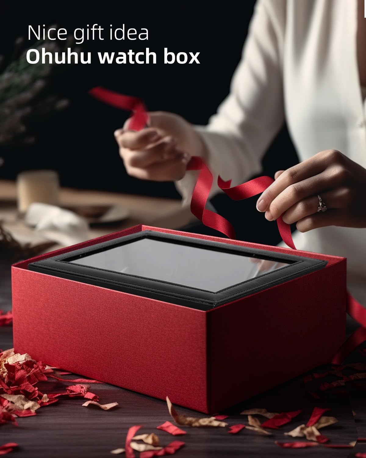 Ohuhu Watch Box Organizer for Men -12 Slot Leather Watch Case with Real Glass Lid Watch Display Case, Watch Organizer Jewelry Storage Box - PuriLite