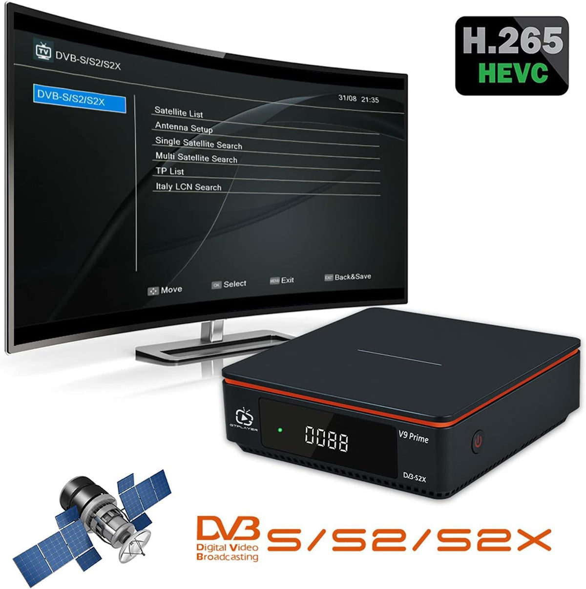V9 Prime Digital Satellite Receiver H.265 FTA Free to Air DVB-S/S2/S2X 10bit HEVC Built-in 2.4G WiFi Support CA Card, Biss Auto Roll - PuriLite