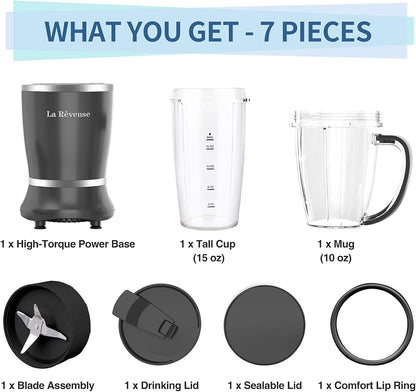 La Reveuse Personal Size Blender 250 Watts Power for Shakes Smoothies Seasonings Sauces with 1 Piece 15 oz Cup,1 Piece 10 oz Mug,BPA Free (Black) - PuriLite