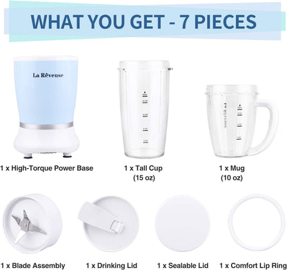 La Reveuse Personal Size Blender 250 Watts Power for Shakes Smoothies Seasonings Sauces with 1 Piece 15 oz Cup,1 Piece 10 oz Mug,BPA Free (Black) - PuriLite