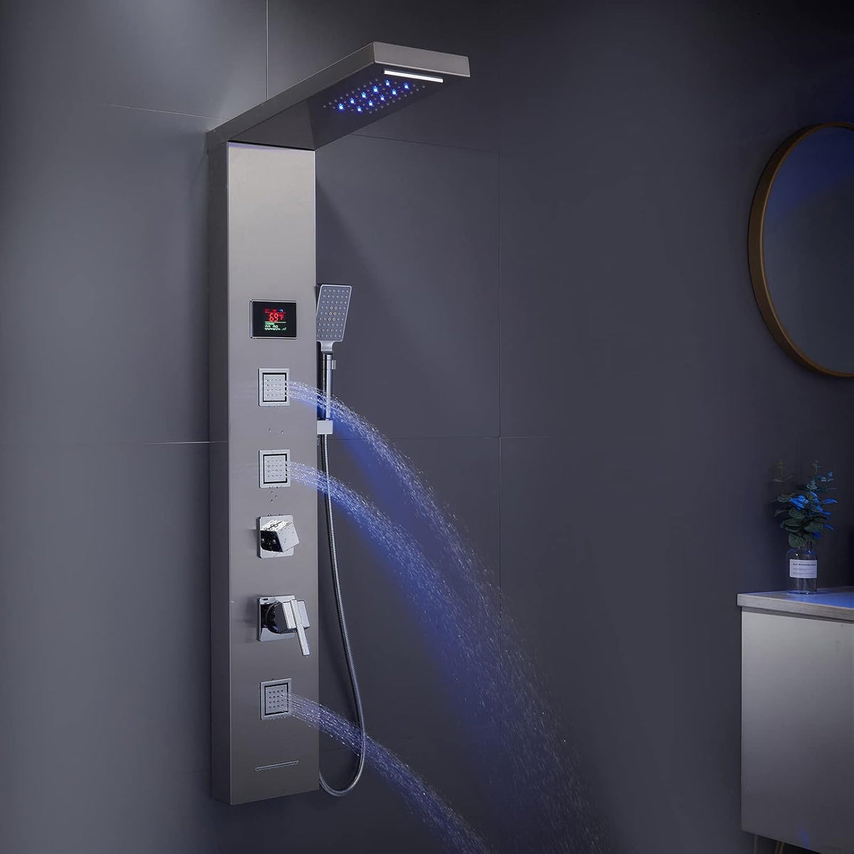 LED Shower Panel Tower System Black, MENATT 304 Stainless Steel 5-Function Shower Panel Rainfall Waterfall Shower Rain Massage System with Body Jets - PuriLite