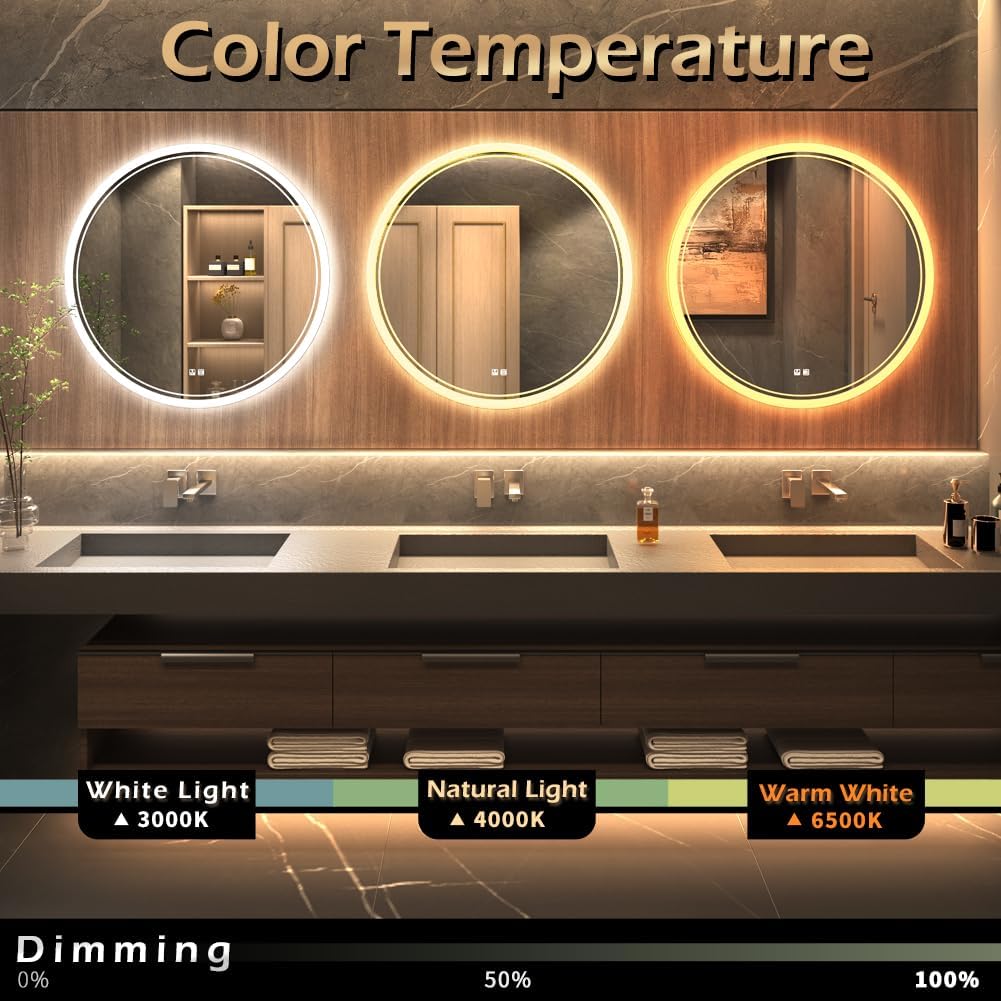 KWW Round Mirror Bathroom LED Lighted Mirror, Illuminated Dimmable Anti-Fog Wall-Mounted Makeup Vanity Mirror with Lights (24L x 24W inches) - PuriLite