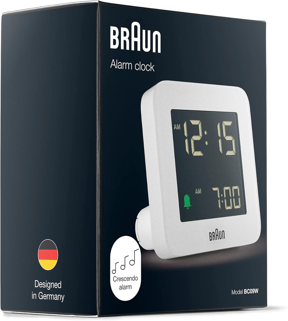 Braun Digital Alarm Clock with Snooze, Negative LCD Display, Quick Set, Crescendo Beep Alarm in White, Model BC09W. - PuriLite
