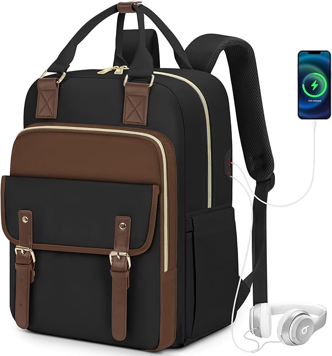 RAINSMORE Laptop Backpack 15.6 Inch for Women Large Travel Backpack with USB Charging Port Water Resistant - PuriLite