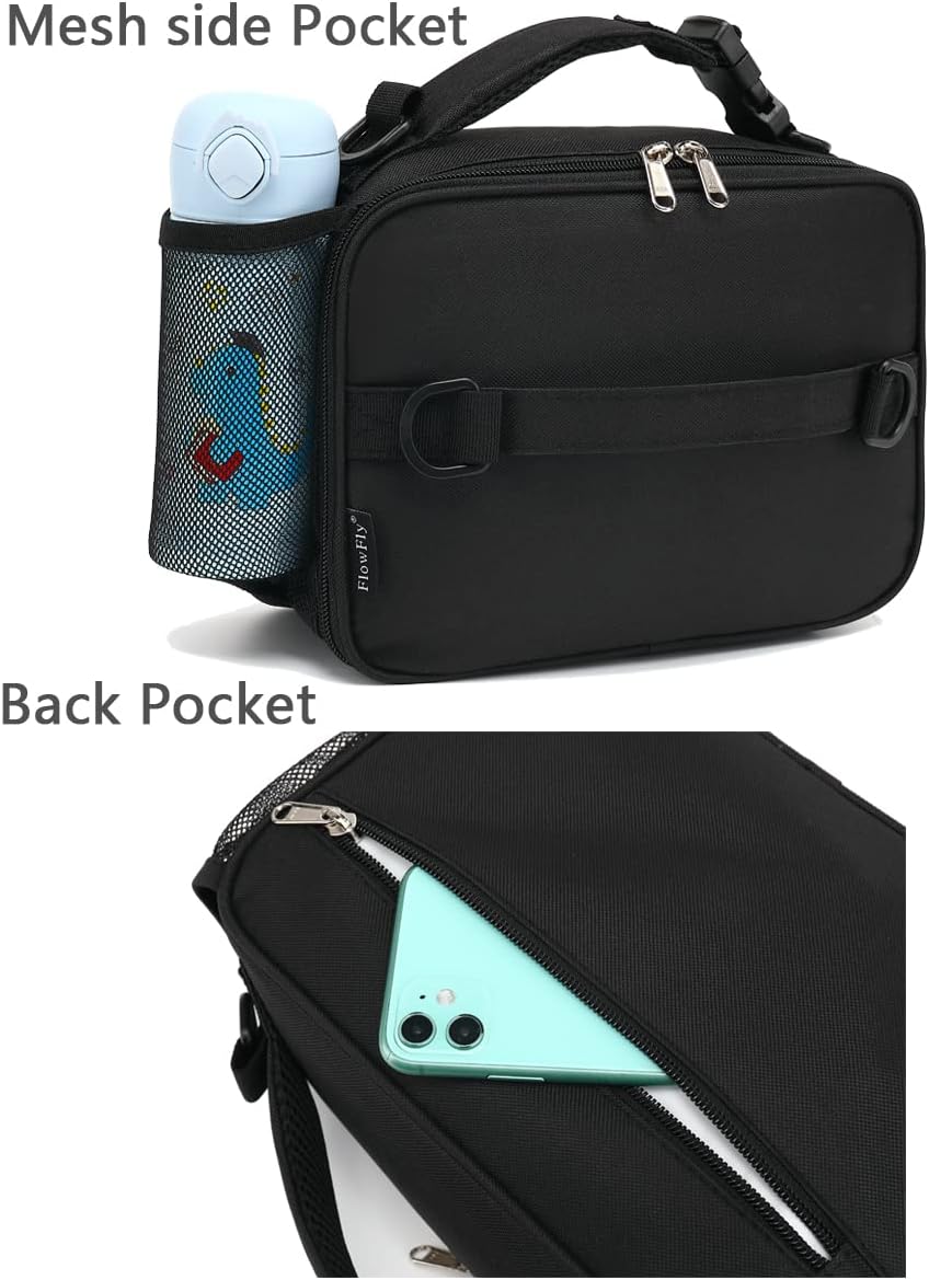 FlowFly Kids Lunch Box Insulated Soft Bag Mini Cooler Back to School Thermal Meal Tote Kit for Girls, Boys, Black - PuriLite