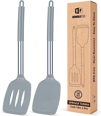 Pack of 2 Silicone Slotted Spatula,Non Stick Solid Kitchen Turner, High Heat Resistant BPA Free Cooking Utensils for Fish, Eggs, Pancakes（Black - PuriLite