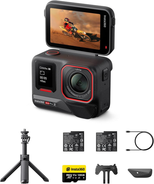 Insta360 Ace Pro 2 Get-Set Bundle- 8K Waterproof Action Camera Co-Engineered with Leica, 1/1.3" Sensor, Dual AI Chip, Leading Low Light, Superior Audio, Flip Screen & AI Editing, Dual Battery - PuriLite