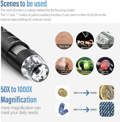 SKYBASIC Wireless Digital Microscope,50X-1000X Magnification WiFi Portable Handheld Microscopes with Adjustable Stand HD USB Microscope Camera Compatible with iPhone Android iPad Windows Mac Computer - PuriLite