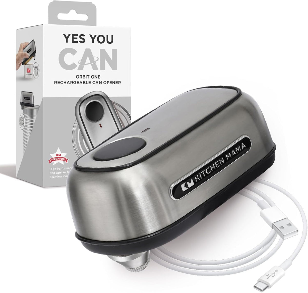 Kitchen Mama Orbit One Stainless Steel Rechargeable Electric Can Opener: Hands-Free, USB-C Charging, Automatic Stop, Smooth Edge, Safety, Blade for Large Cans, Heavy Duty, Soda Can and Pop Can - PuriLite