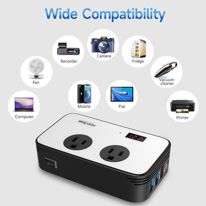 Bapdas 200W Power Inverter DC 12V to AC 110V Car Adapter Plug Outlet with PD 25W USB-C, QC3.0 and Dual USB Ports Loptop Car Charger - PuriLite