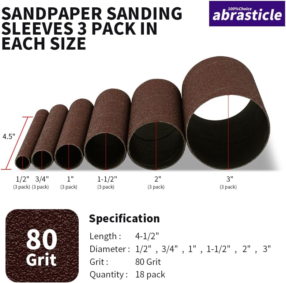 18 Pack Spindle Sander Sleeves, Sanding Sleeves for Oscillating Sander, 80 150 240 Assorted Grit Sandpaper, 4-1/2" Length, 1/2",3/4",1",1-1/2", 2", 3" Diameter - PuriLite