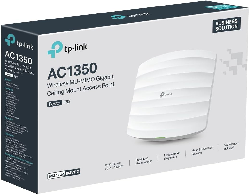 TP-Link Omada AC1750 Gigabit Wireless Access Point (EAP245 V3) - Business WiFi Solution w/Mesh Support, Seamless Roaming & MU-MIMO, PoE Powered, SDN Integrated, Cloud Access & Omada App, White - PuriLite