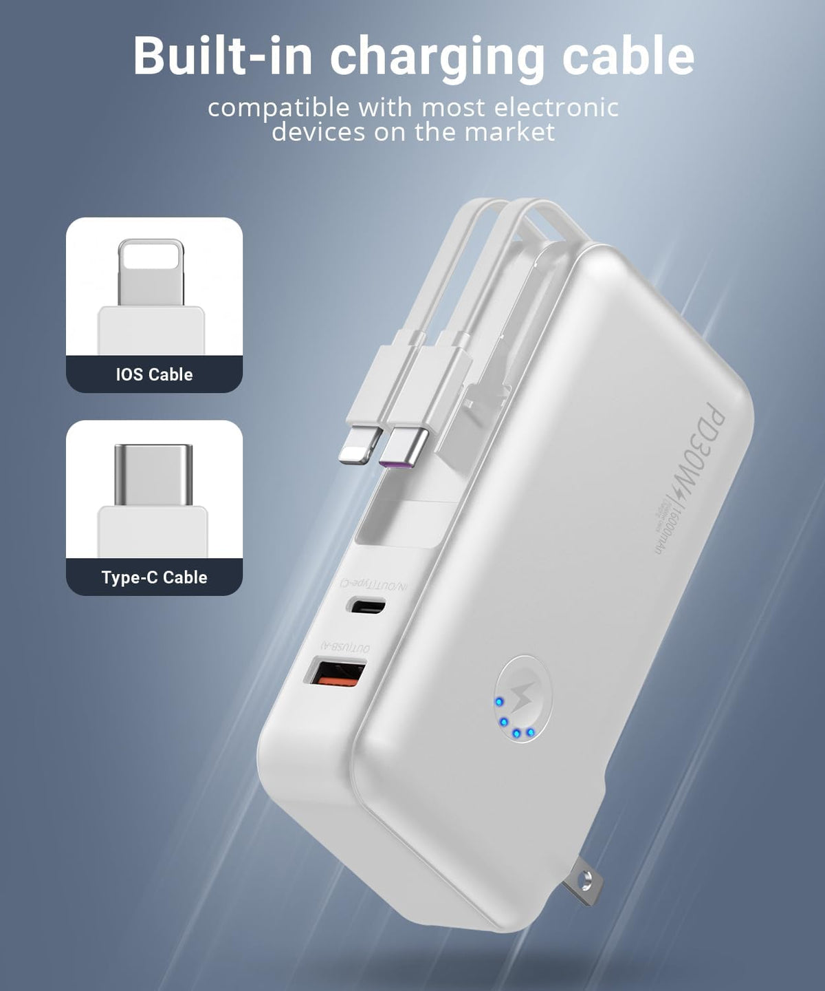 Portable Charger, Power Bank, 16000mAh Power Bank Built-in AC Wall Plug and Cables, PD 30W and QC4.0 Fast Charger for iPhone and Android Phones and Most Electronic Devices (Black) - PuriLite