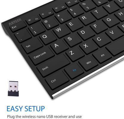 Arteck 2.4G Wireless Keyboard Stainless Steel Ultra Slim Full Size Keyboard with Numeric Keypad for Computer/Desktop/PC/Laptop/Surface/Smart TV and Windows 10/8/ 7 Built in Rechargeable Battery - PuriLite