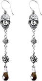 Skull and Rose Earrings Design with Smoked Quartz Teardrop, Stainless Steel - PuriLite