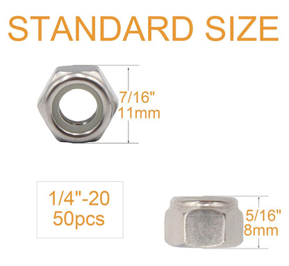 binifiMux 50pcs 1/4-20 Nylon Inserted Self Locking Nuts 304 Stainless Steel - PuriLite