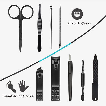 Manicure Set 9 in 1 Stainless Steel, Nail Clippers Scissors Pedicure Tools Kit - Portable Travel Grooming Kit for Men and Women with Black/Red Leather Case (Blue) - PuriLite