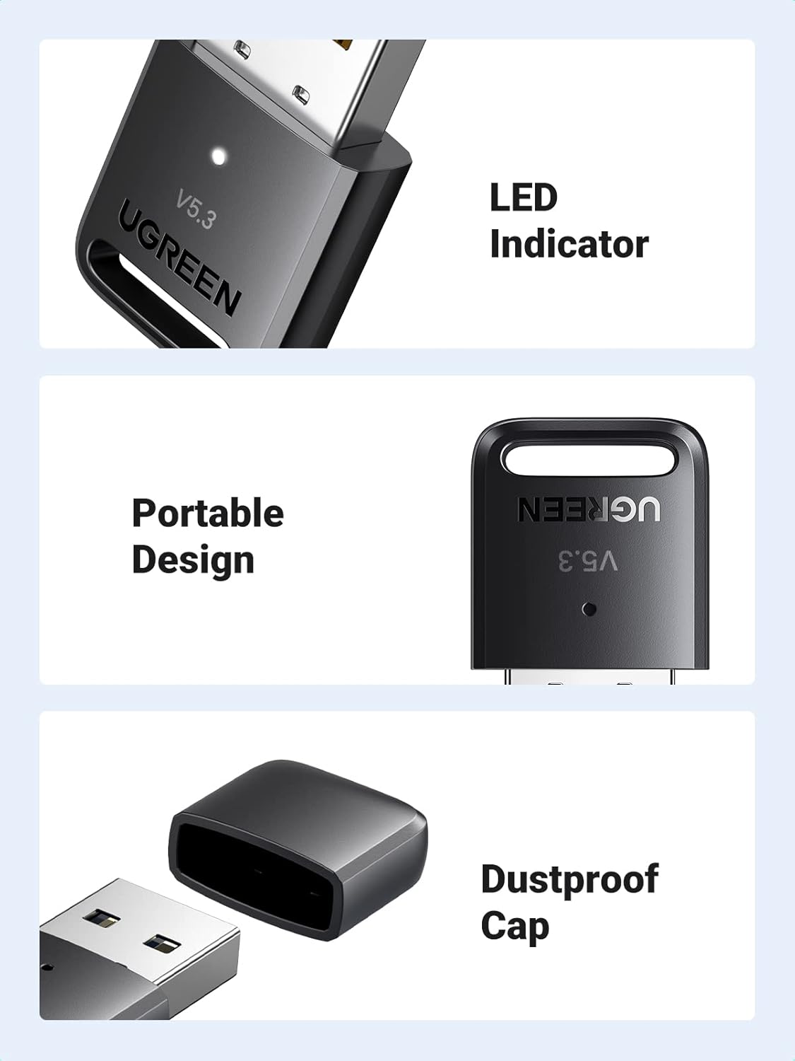 UGREEN Bluetooth 5.3+EDR Adapter for PC, USB Dongle with 5 Devices Pair Simultaneously, Bluetooth Receiver Transmitter for Wireless Keyboard, Mouse, Speaker, Headset, Support Windows 11 10 8.1 - PuriLite
