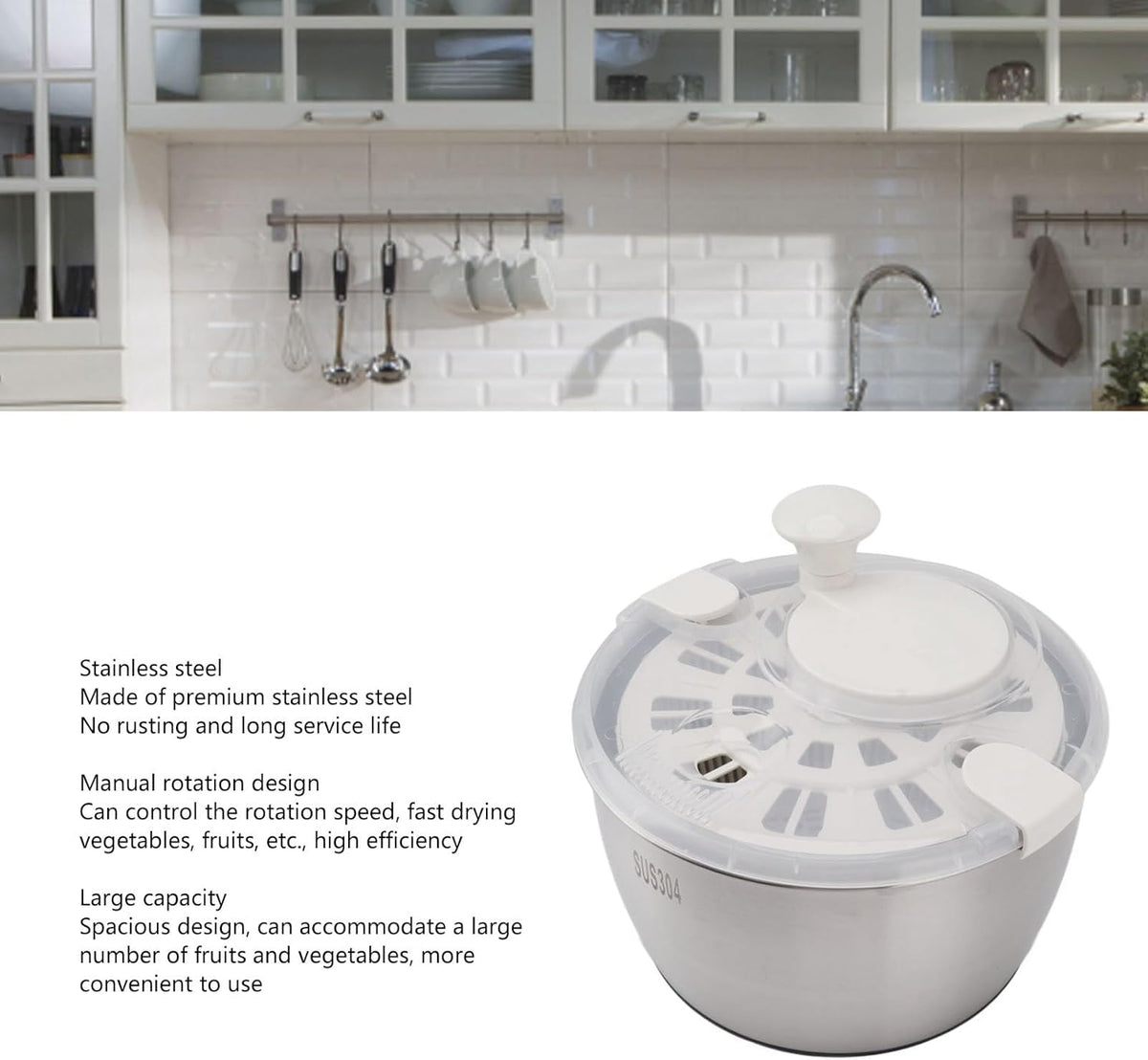 MUNEFE Stainless Steel Salad Spinner, Multifunctional Large Capacity Lettuce Spinner, Fruit Washer Drain Basket for Drying Lettuce - PuriLite
