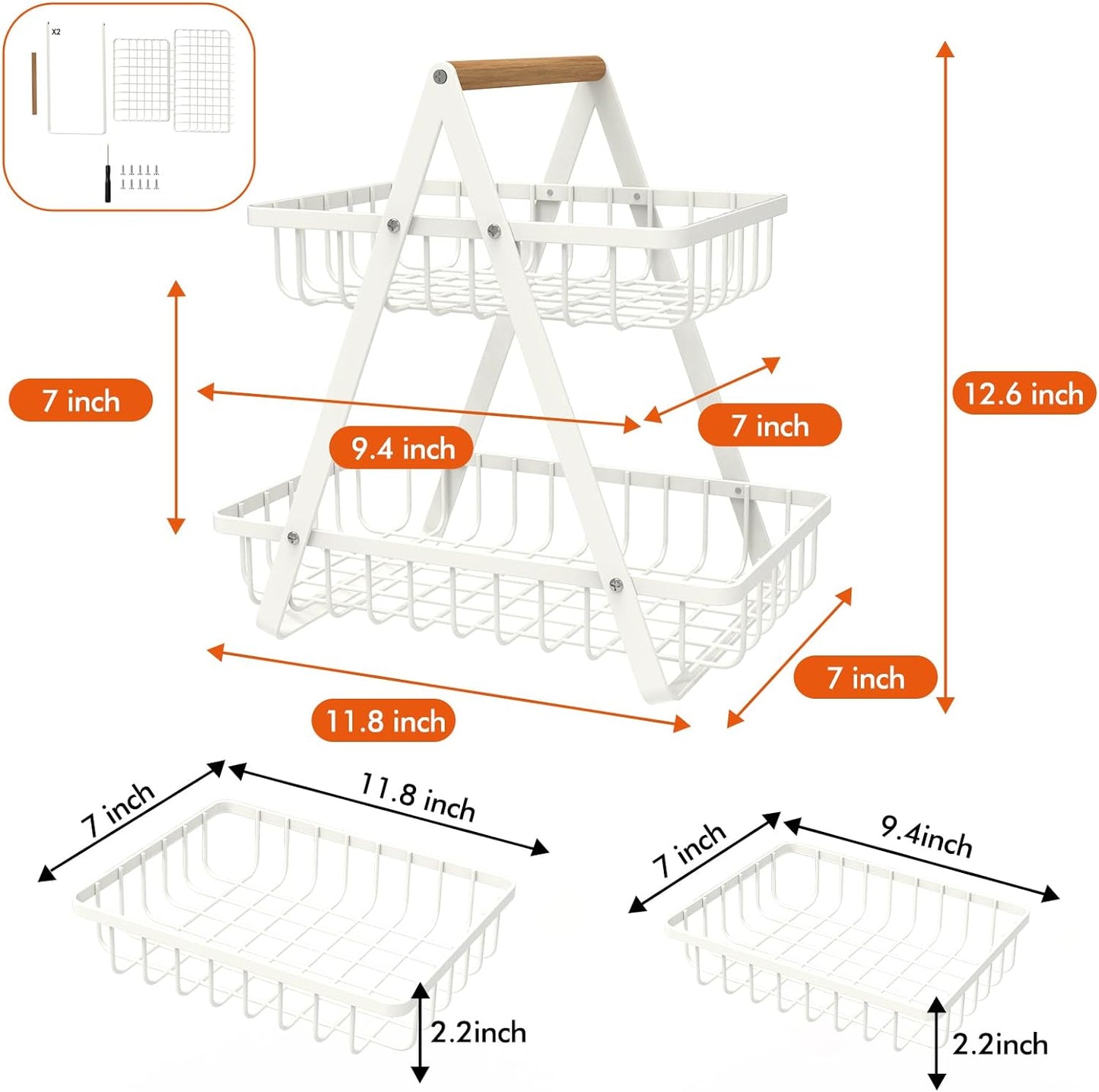 2 Tier Countertop Fruit Basket,Portable Fruit Bowle Basket for Kitchen Organizer Storage & Dining Room Fruits Vegetable Bread Snacks,MAHUEEOL Detachable Metal Rectangle Basket Storage - PuriLite