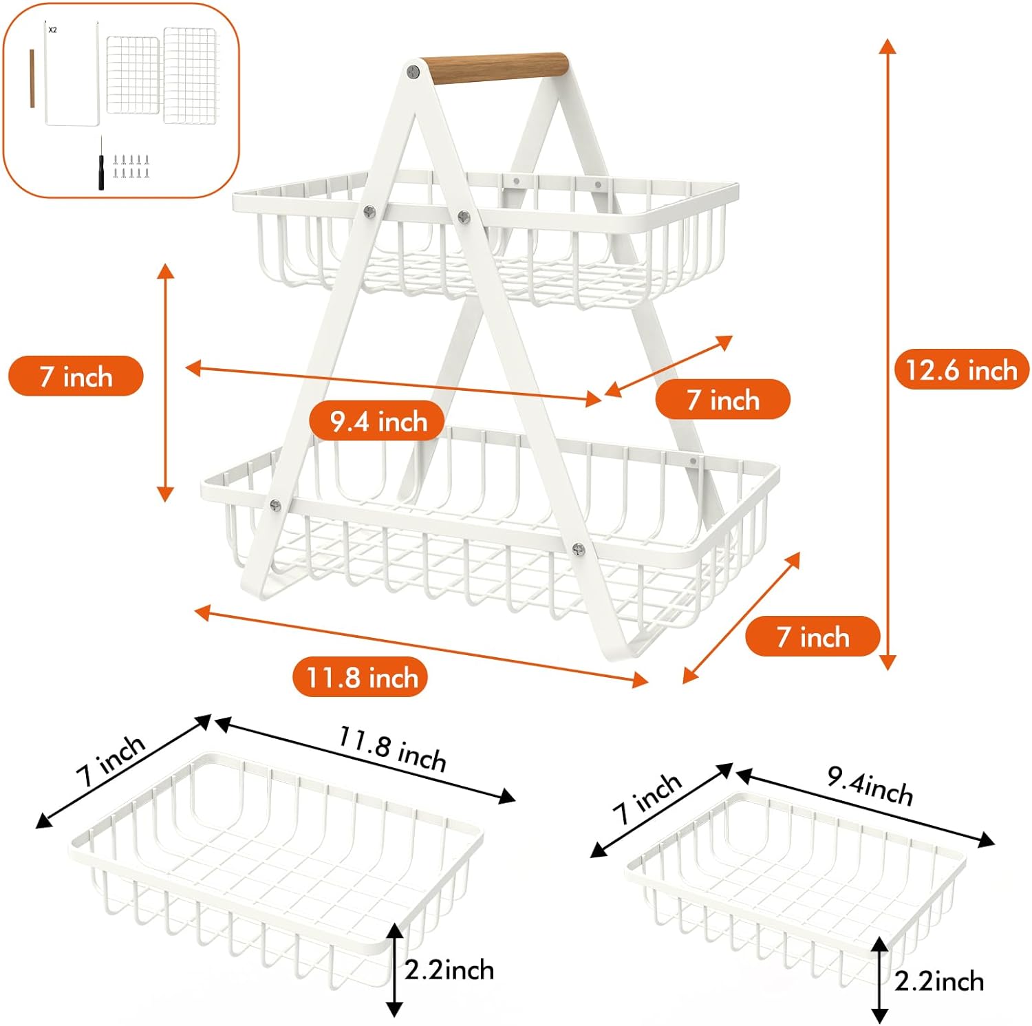 2 Tier Countertop Fruit Basket,Portable Fruit Bowle Basket for Kitchen Organizer Storage & Dining Room Fruits Vegetable Bread Snacks,MAHUEEOL Detachable Metal Rectangle Basket Storage - PuriLite