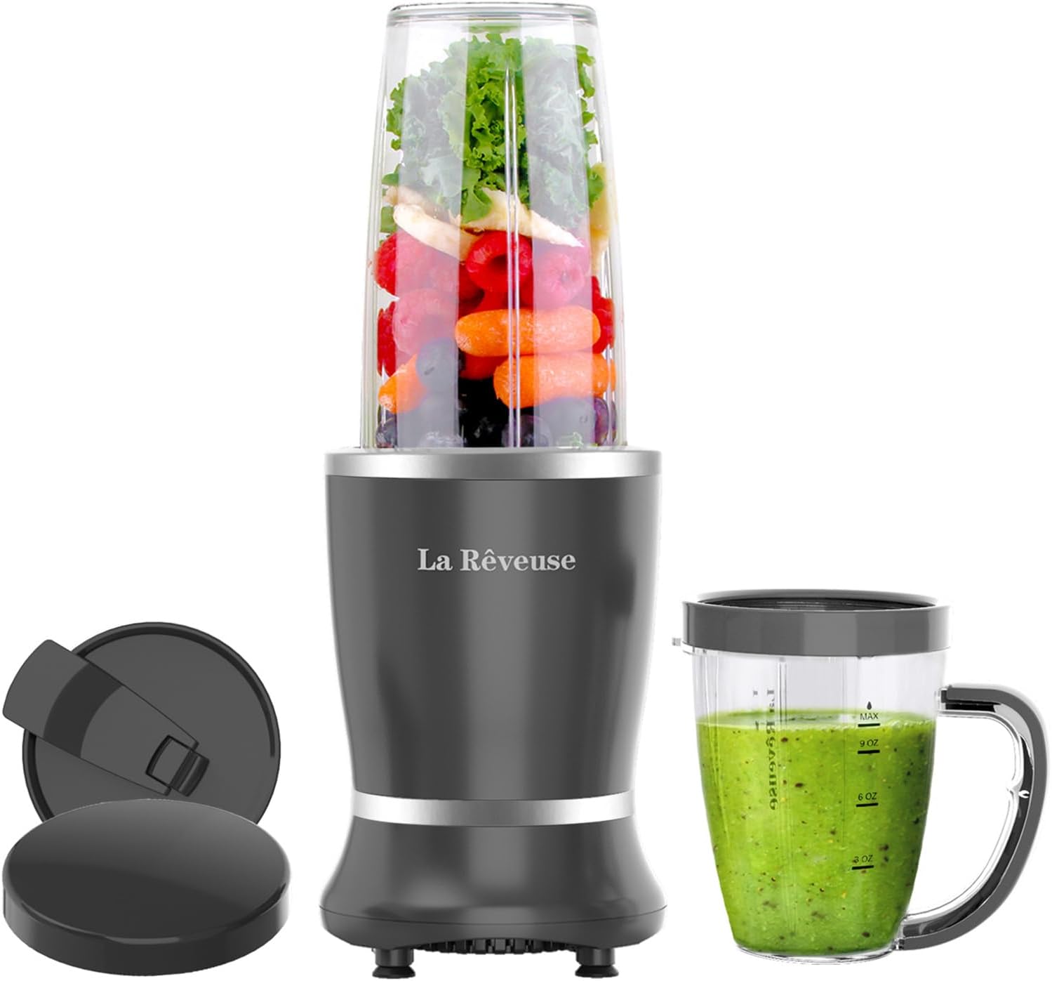 La Reveuse Personal Size Blender 250 Watts Power for Shakes Smoothies Seasonings Sauces with 1 Piece 15 oz Cup,1 Piece 10 oz Mug,BPA Free (Black) - PuriLite