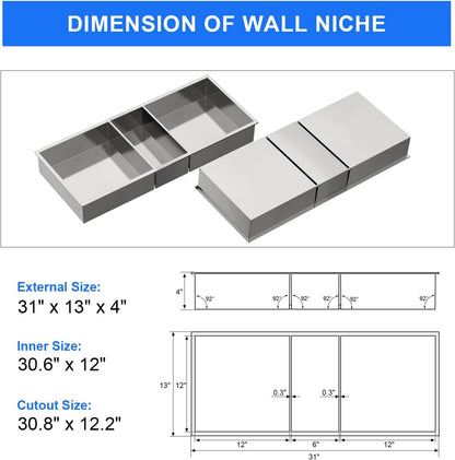 MENATT No Tile Shower Niche, Stainless Steel Wall Niche 13"X19"(Inner Size 12"X18"), Two-Tier Bathroom Shelf, NO Tile Needed Recessed Niche Shower for Bathroom Storage, Black - PuriLite