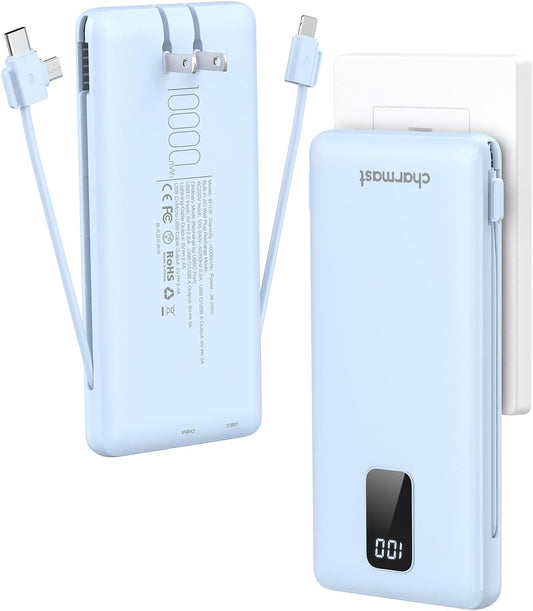 Charmast Portable Charger with Built-in Cables and AC Wall Plug, 10000mAh Ultra Slim Power Bank with 5 Outputs & 2 Inputs, External Battery Pack Compatible with iPhone 14/13, Samsung Galaxy, etc - PuriLite
