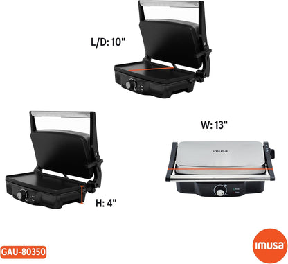 IMUSA Stainless Steel Panini Press Electric with Adjustable Temperature Settings and Nonstick Plates, 1200W - PuriLite