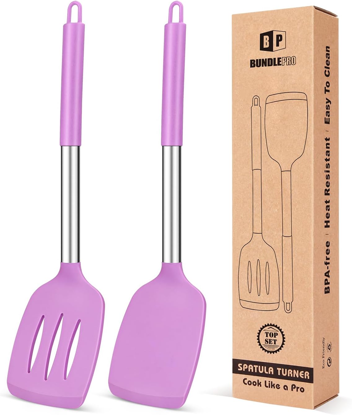 Pack of 2 Silicone Slotted Spatula,Non Stick Solid Kitchen Turner, High Heat Resistant BPA Free Cooking Utensils for Fish, Eggs, Pancakes（Black - PuriLite