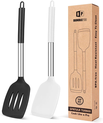 Pack of 2 Silicone Slotted Spatula,Non Stick Solid Kitchen Turner, High Heat Resistant BPA Free Cooking Utensils for Fish, Eggs, Pancakes（Black - PuriLite