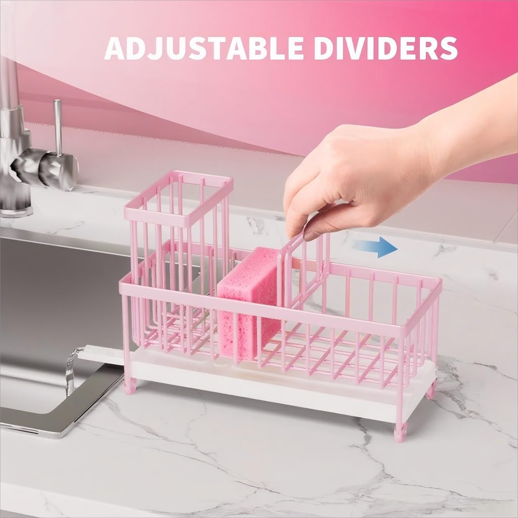 Cisily Sponge Holder for Kitchen Sink, Sink Caddy with High Brush Holder, Organzier Rustproof 304 Stainless Steel Dish Organizer Divider, Soap Dispenser Storage (Black) - PuriLite