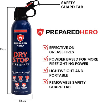 Dry Stop Fire Spray by Prepared Hero - 4 Pack - Portable Fire Extinguisher for Home, Car, Garage, Kitchen - Works on Electrical, Grease, Battery Fires & More - Compact, Easy to Use - PuriLite