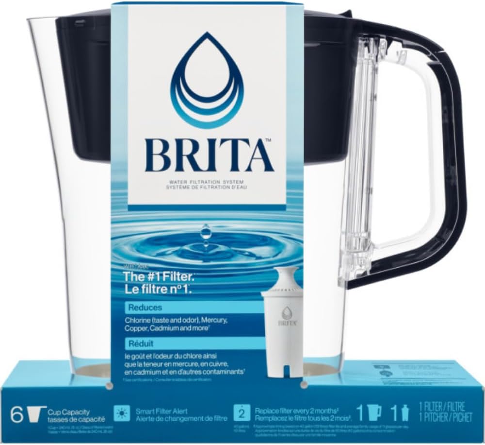 Brita Small 6 Cup Water Filter Pitcher with 1 Brita Standard Filter, Made Without BPA, Black - PuriLite