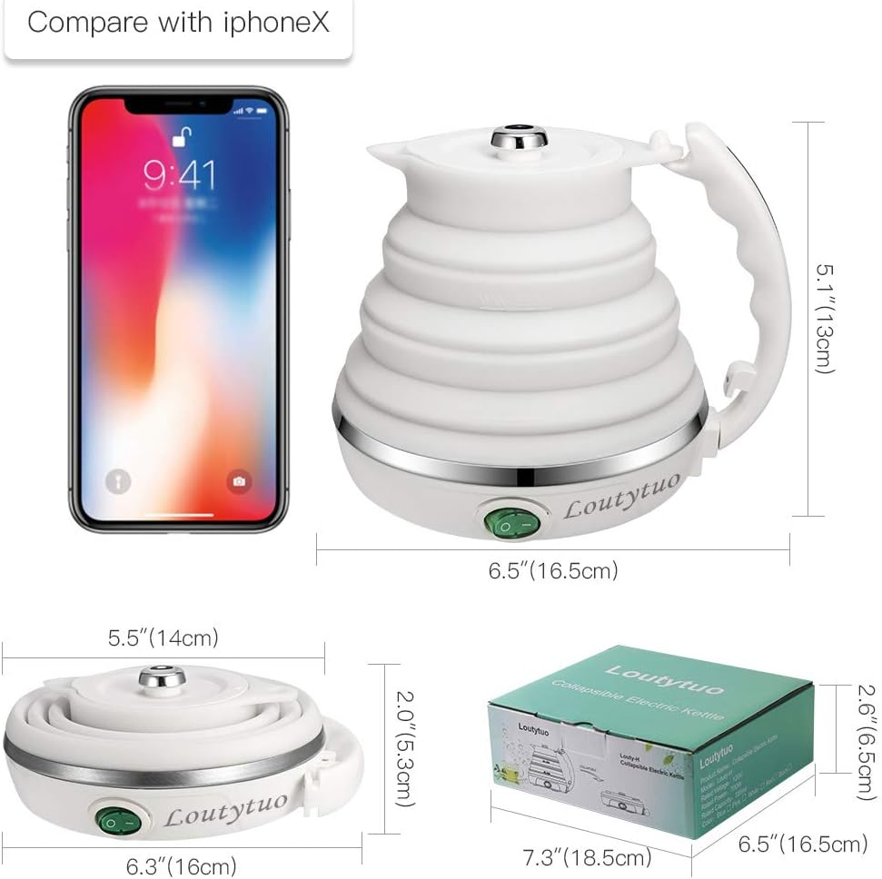 120V 555ML Ultrathin Travel Foldable Electric Kettle with Separable Power Cord and Handle, Boil Dry Protection, Food Grade Silicone - PuriLite