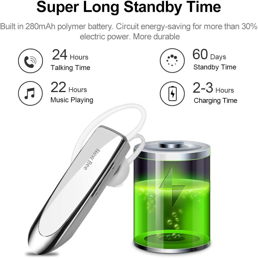 Bluetooth Headset New Bee 24Hrs V5.0 Bluetooth Earpiece Wireless Handsfree Driving Headset with Noise Canceling Mic Headset Case for iPhone Samsung Android Mobile Cell Phone Tablets Office - PuriLite
