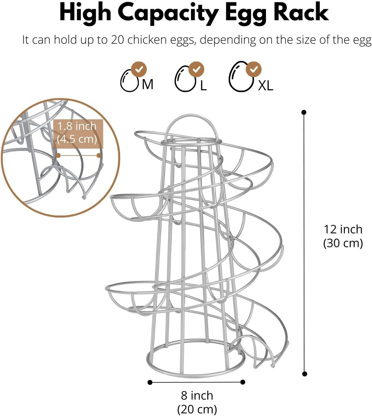 Flexzion Spiral Egg Skelter – Modern Countertop Egg Holder and Dispenser, Freestanding Wired Storage Rack for Fresh Eggs, Tower Display Stand, Silver, Holds Up to 20 Eggs - PuriLite