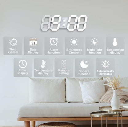 Deeyaple 3D LED Digital Wall Clock Modern Alarm Clock Adjust Brightness 12/24 Time Date Temperature Silent Snooze USB Night Light Remote Control Kitchen Bedroom Living Room Small 9.7 inch White - PuriLite