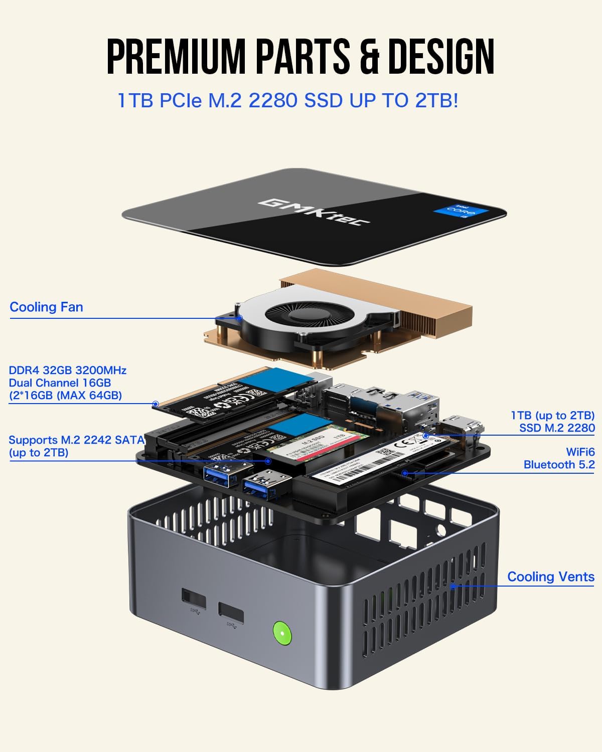 GMKtec Mini PC Intel Core i9 12900HK(14C/20T 5.0 GHz) W11 Pro, Desktop Computer 32GB DDR4 RAM+1TB NVMe SSD, Triple 4K Display, WiFi 6, BT5.2, USB-C M3 Plus - PuriLite