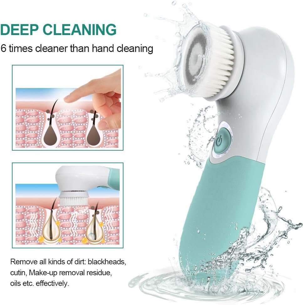 Facial Cleansing Brush Electric Facial Exfoliating Massage Brush with 3 Cleanser Heads and 2 Speeds Adjustable for Deep Cleaning, Removing Blackhead, Face Massaging - PuriLite