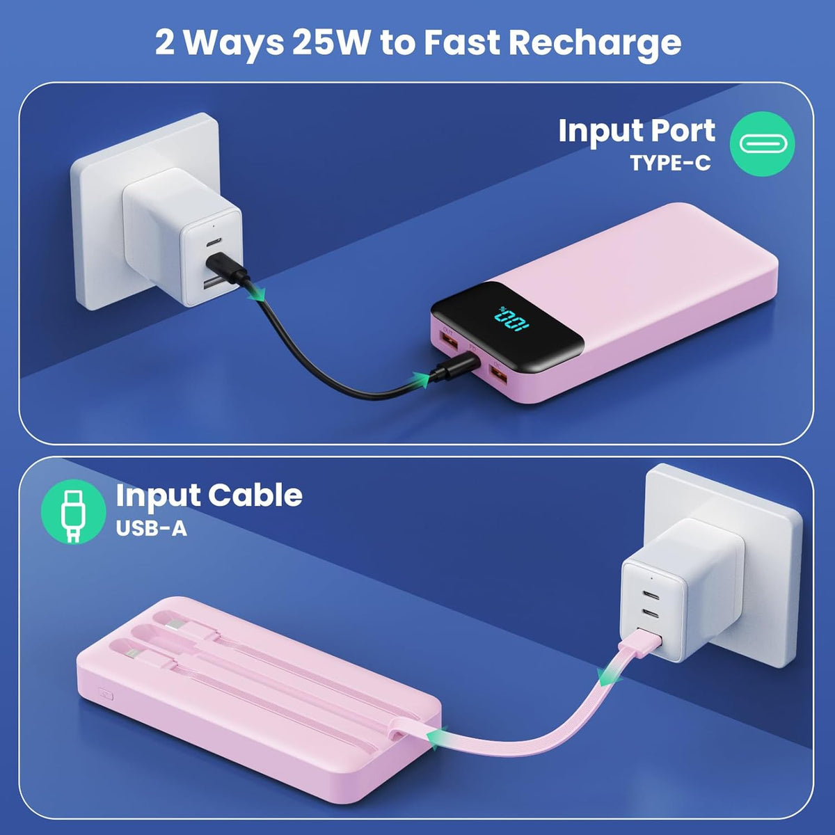 Power Bank 40800mAh Portable Charger with 3 Built-in Cable,25W PD USB C in&Out Power Bank Fast Phone Charging,QC4.0 LED Display Portable Battery Pack Compatible with iPhone 16/15,Samsung Android-Black - PuriLite