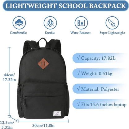 School Backpack, Kasqo 15.6 Inch Classic Lightweight Water-Resistant Backpack for Men Women Teens Girls Boys Kids to School, College, Travel, Work, Black - PuriLite