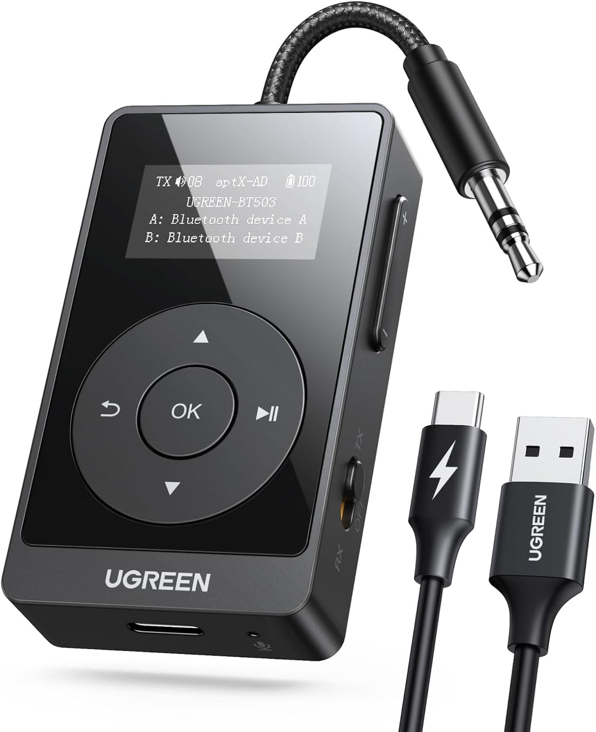 UGREEN Airplane Bluetooth 5.3 Transmitter Receiver for 2 Airpods, AptX Adaptive/HD Audio 3.5m Aux Bluetooth Adapter for Airplane TV Wireless Headphones, Travel Essentials for Flying - PuriLite