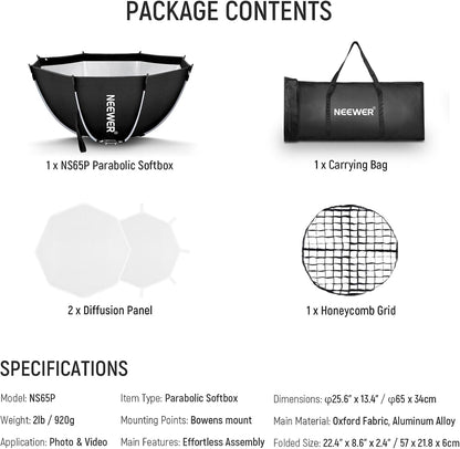 NEEWER 35.4'' Octagonal Softbox, Quick Release Parabolic Soft Box with Bowens Mount, Diffusers, Grid, Bag Compatible with Aputure 120d Compatible with Godox SL60w NEEWER Q4 AS600B CB300B Q300, NS92P - PuriLite