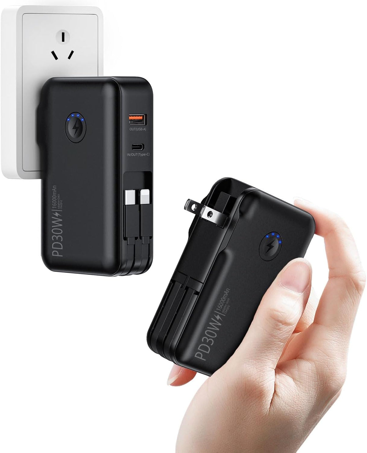 Portable Charger, Power Bank, 16000mAh Power Bank Built-in AC Wall Plug and Cables, PD 30W and QC4.0 Fast Charger for iPhone and Android Phones and Most Electronic Devices (Black) - PuriLite