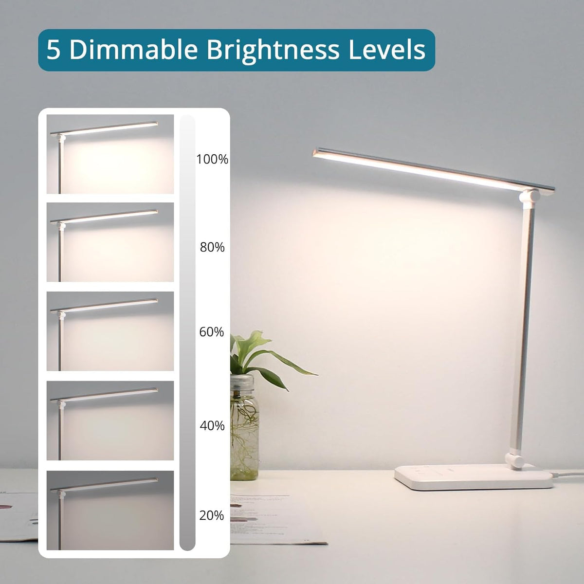 Semlos LED Desk Lamp for Home Office, Eye-Caring Table Light, 25 Lighting Modes, 45 Min Auto Timer, Touch Control, Dimmable, White - PuriLite